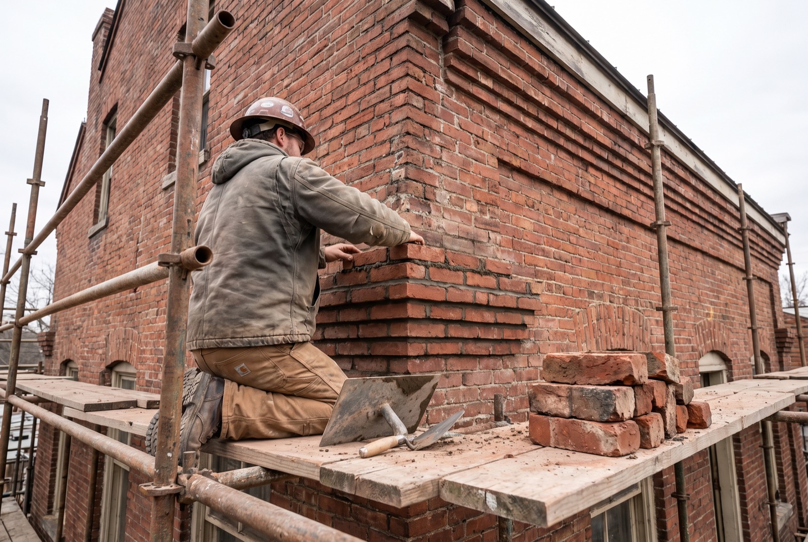 A mason on scaffolding rebuilding a corbelled brick cornice
