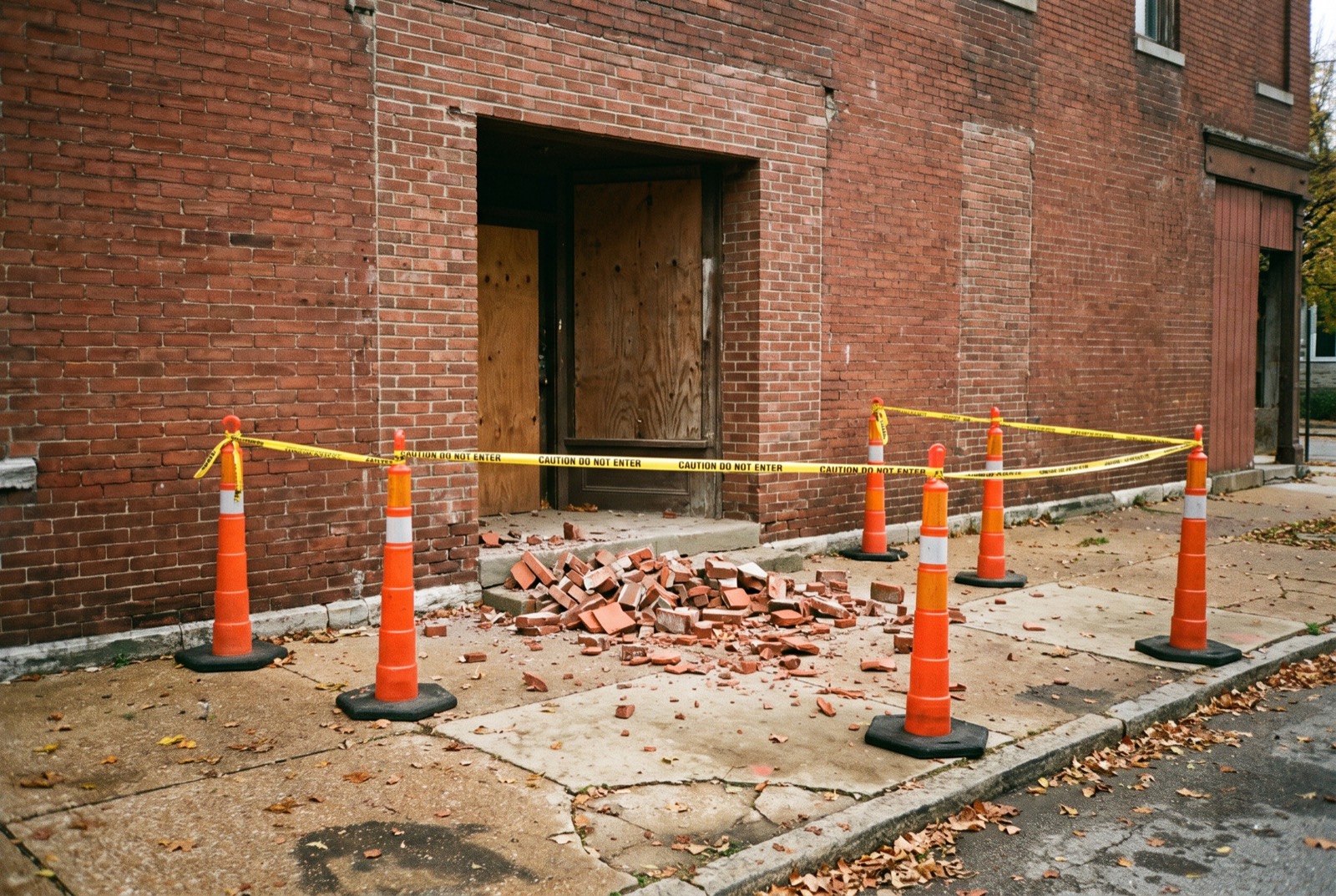 Fallen brick on a sidewalk inside cones and caution tape