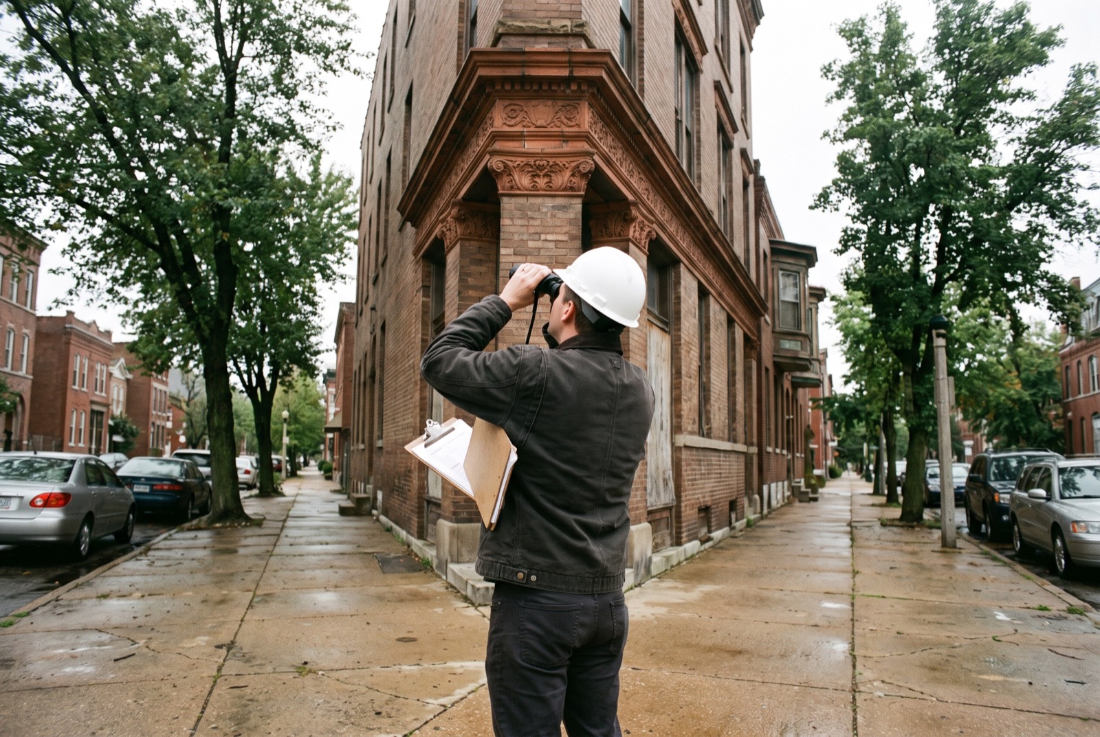 An engineer on the sidewalk looking up at a cornice through binoculars