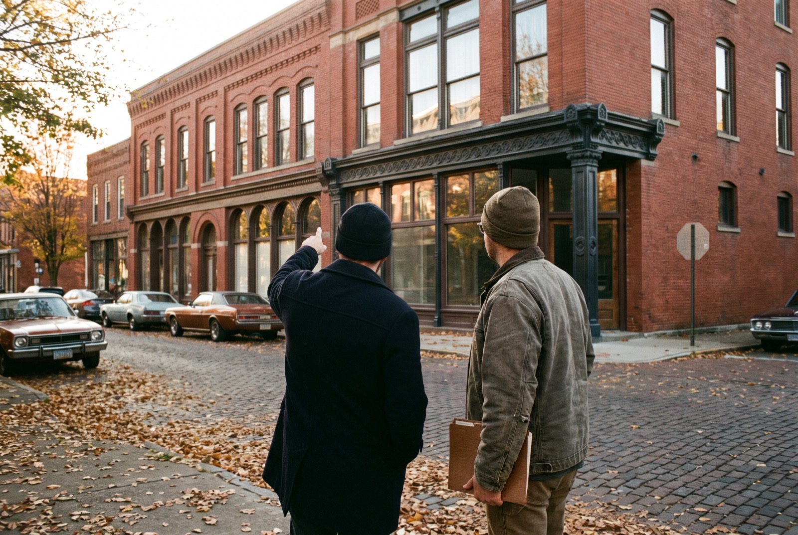 Two people across the street looking up at a brick storefront building